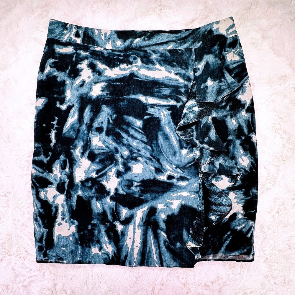 Ann Taylor Petite‎ Blue White Silk Blend Abstract Ruffle Mini Skirt 4P Celestial